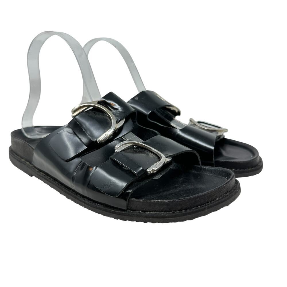 Zara Slide Sandals Buckles Double Strap Faux Leather Black‎ Size 41 US 10